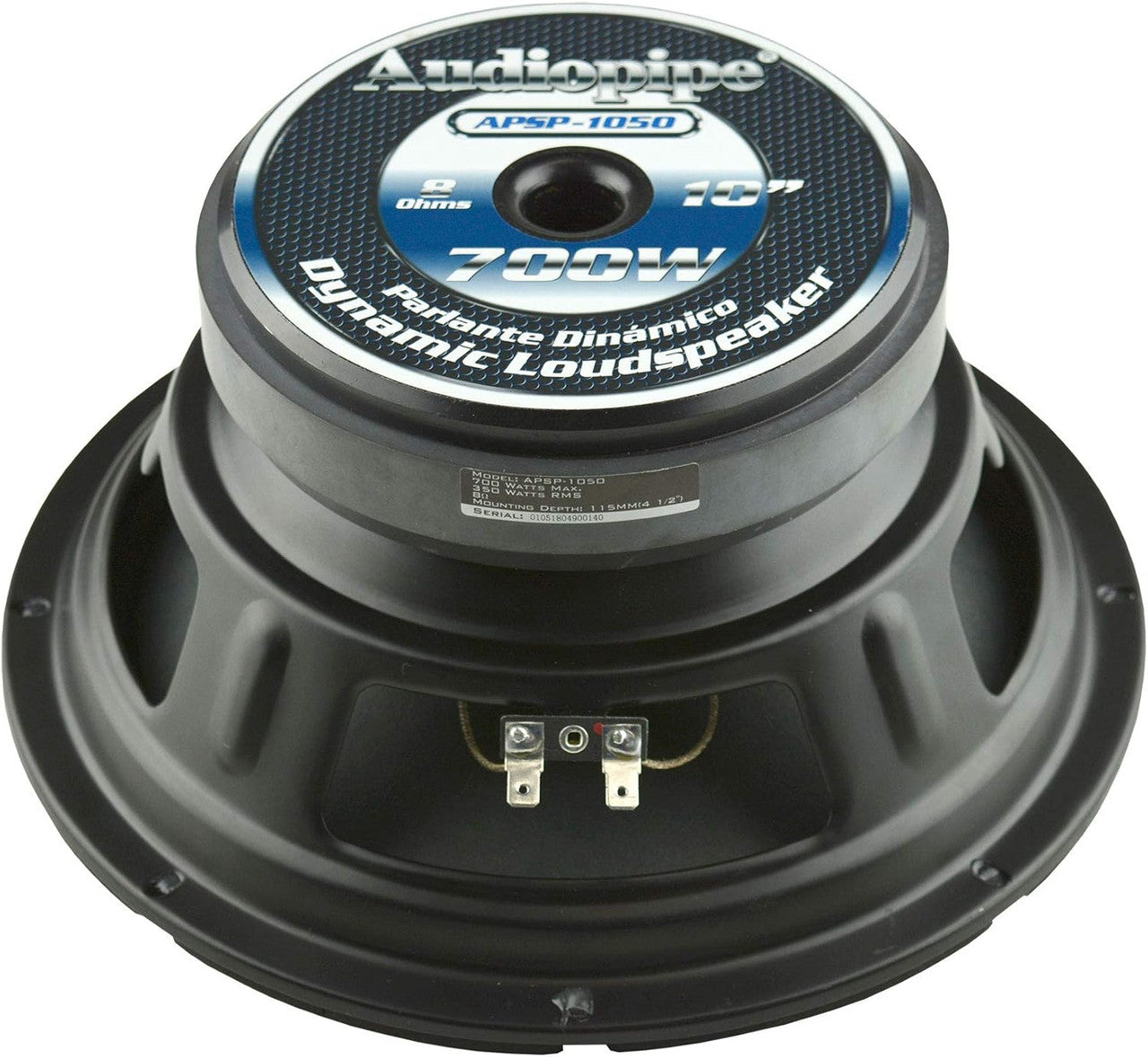 Audiopipe APSP-1050 10 Inch 700 Watt MAX, 350 Watts RMS, and 8 Ohm Dynamic Mid Range Car Audio Loudspeaker with 2.5 Inch Kapton Voice Coil, Black