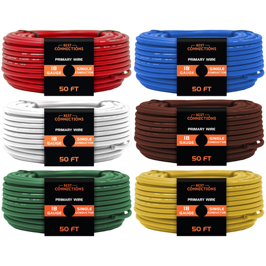 BEST CONNECTIONS 18 Gauge Car Audio Primary Wire (50FT–6 Color Bundle Set)– Remote, Power/Ground Electrical Wire For Trailer, Automorive, Lightning Circuits– 300 FT. Total
