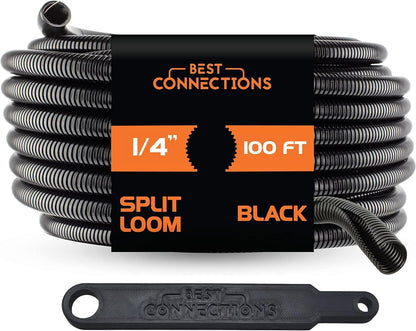 Best Connections 100 Ft 1/4" Split Wire Loom with Installation Tool Black Flex-Guard Convoluted Tubing