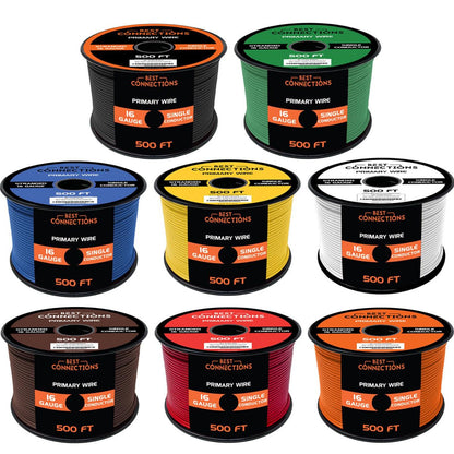 BEST CONNECTIONS 16 Gauge Automotive Primary Wire (500ft Each 8 Color Bundle Set) | Ideal for Trailer, and Lighting Circuits | Durable Primary/Remote, Power/Ground Electrical Wiring