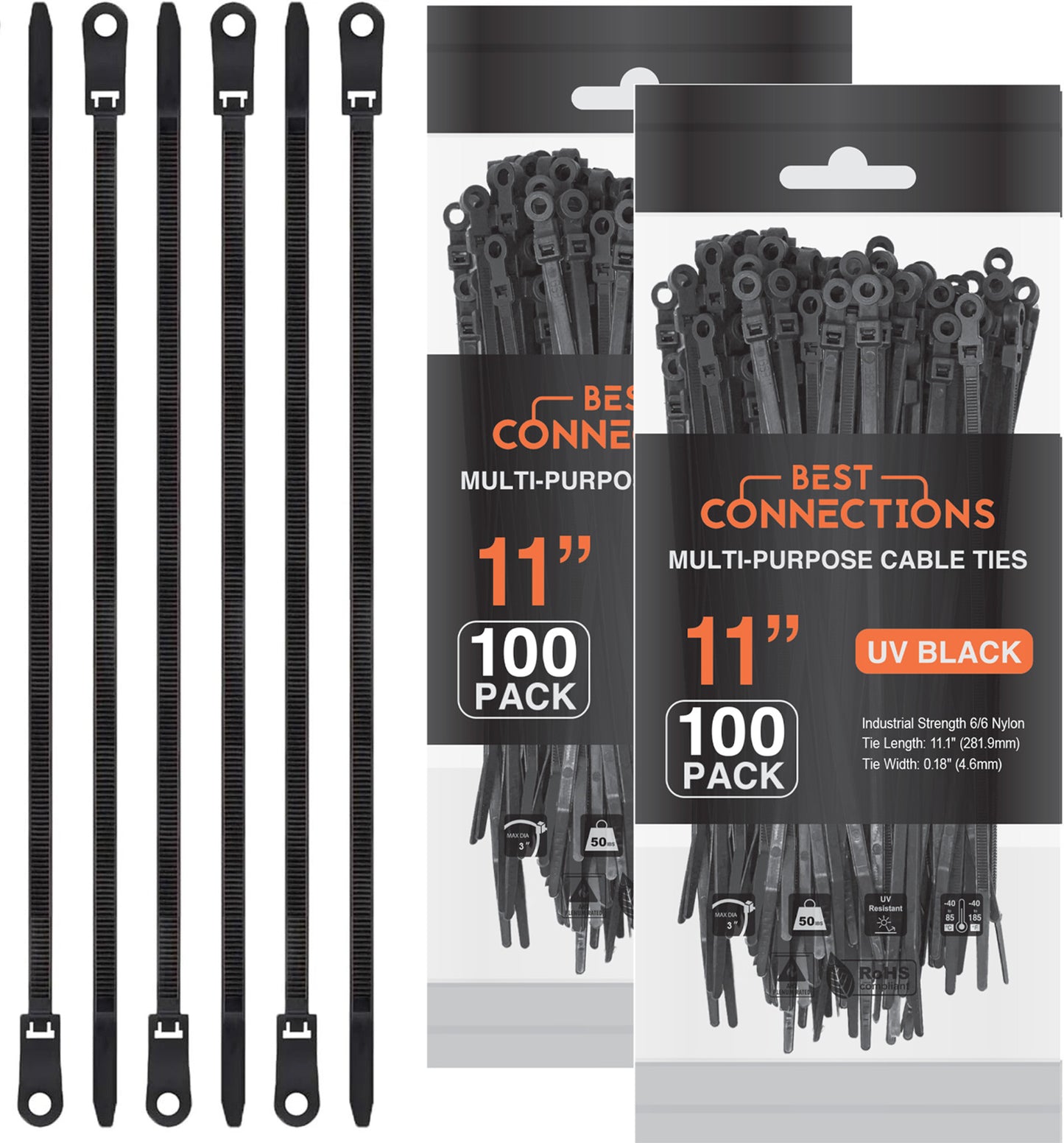 Best Connections 200 Pieces 11" Screw Down Nylon Cable Zip Ties Mounting Hole 50 Lbs Test Black