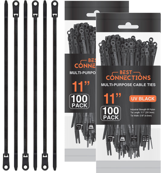 Best Connections 200 Pieces 11" Screw Down Nylon Cable Zip Ties Mounting Hole 50 Lbs Test Black