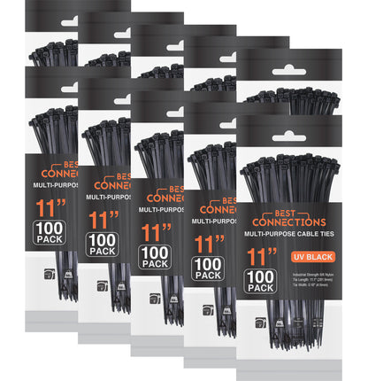 Best Connections 1000 Pieces 11" Black Nylon Cable Zip Wire Ties 50 Lbs Tensile Strength