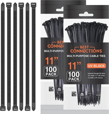 Best Connections 200 Pieces Black 11" Inch Nylon Cable Straps Zip Ties Wire