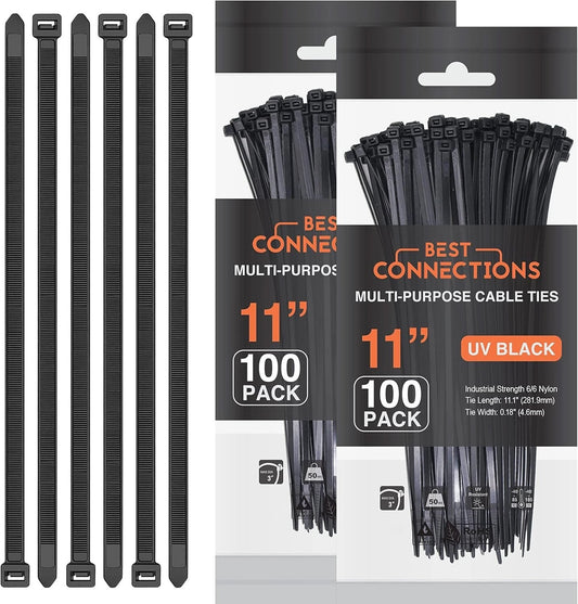Best Connections 200 Pieces Black 11" Inch Nylon Cable Straps Zip Ties Wire