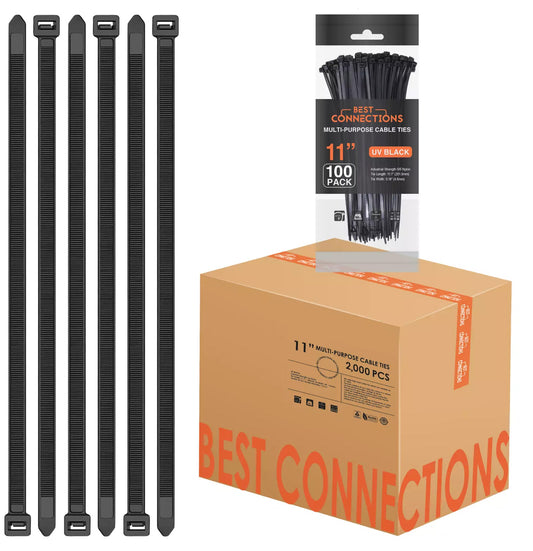 Best Connections 2000 Pack 11" Inch Black Nylon Cable Zip Ties 50 Lbs Tensile Strength Heavy Duty