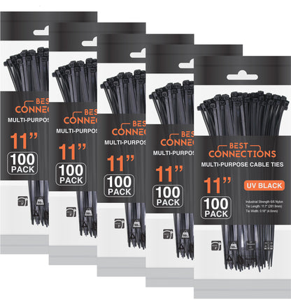 Best Connections 500 Pcs 11" Inch Black Nylon Cable Zip Ties 50 Lbs Tensile Strength Heavy Duty