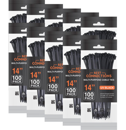 Best Connections 1000 Pieces 14" Black Nylon Cable Straps Zip Ties Wire 50 Lbs Tensile Strength