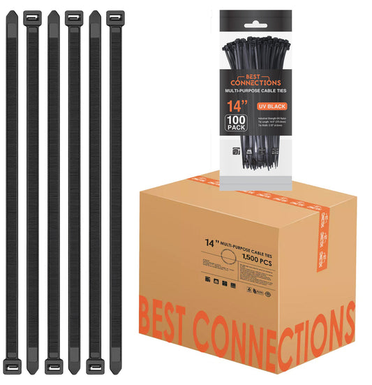 Best Connections 14 Inch Nylon Cable Wire Zip Tie 50 Lbs Tensile Strength (Black, 1,500 Pieces)