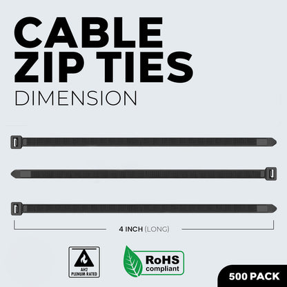 Best Connections 4" inch Black Nylon Zip Ties Wire Cables 500 Pieces 18 Lbs Tensile