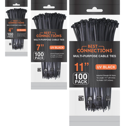 Best Connections Zip Ties 4" 7" 11" Heavy Duty Nylon 100 Pack Each Size 300 Pcs Total