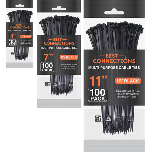 Best Connections Zip Ties 4" 7" 11" Heavy Duty Nylon 100 Pack Each Size 300 Pcs Total
