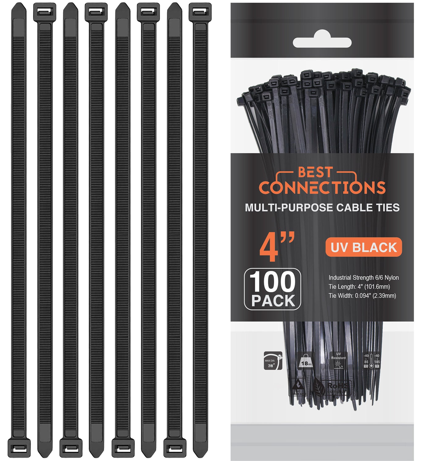 Best Connections 2000 Pieces 4" Inch Nylon Black Cable Zip Ties Straps (20 Bags of 100)