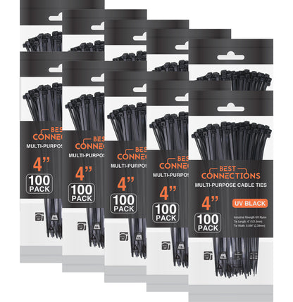 Best Connections 1000 Pcs 4" inch Black Nylon Cable Zip Ties 18 lb Tensile Strength