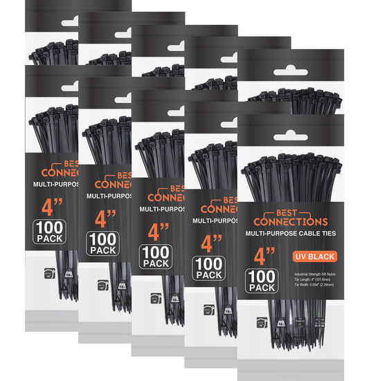 Best Connections 1000 Pcs 4" inch Black Nylon Cable Zip Ties 18 lb Tensile Strength