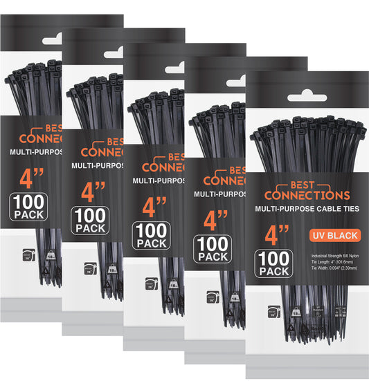 Best Connections 4" inch Black Nylon Zip Ties Wire Cables 500 Pieces 18 Lbs Tensile