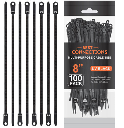 Best Connections 10,000 Pieces 8" Screw Down Nylon Cable Zip Ties Mounting Hole 50 Lbs Test Black