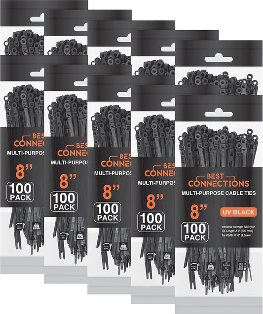 Best Connections 1000 Pieces 8" Screw Down Zip Ties Mounting Hole Nylon 50 Lbs Test Black
