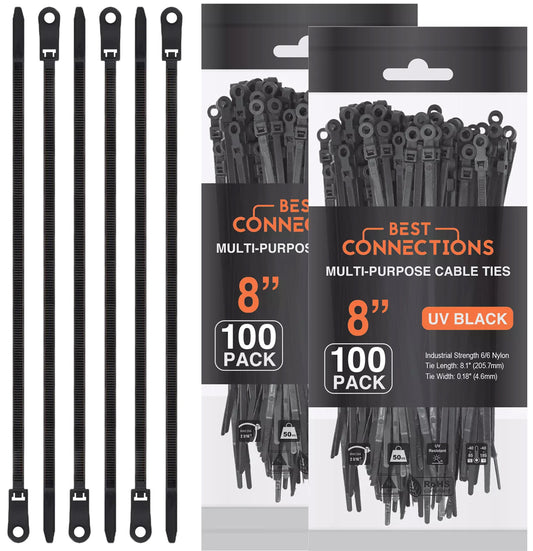 Best Connections 200 Pieces 8" Screw Down Zip Ties Mounting Hole Nylon 50 Lbs Test Black