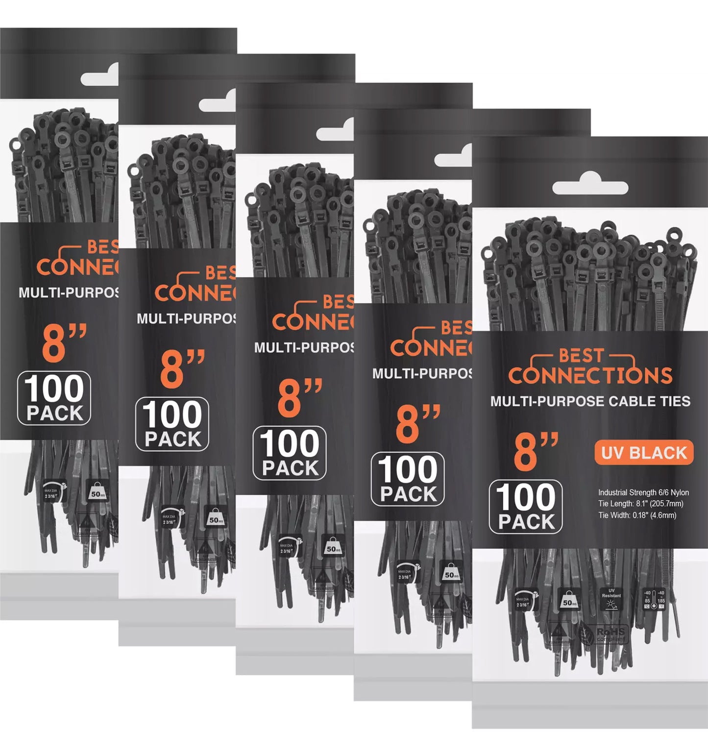 Best Connections 500 Pieces 8" Screw Down Zip Ties Mounting Hole Nylon 50 Lbs Test Black