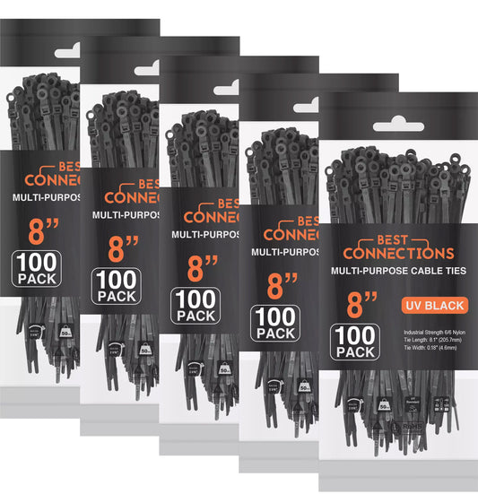 Best Connections 500 Pieces 8" Screw Down Zip Ties Mounting Hole Nylon 50 Lbs Test Black