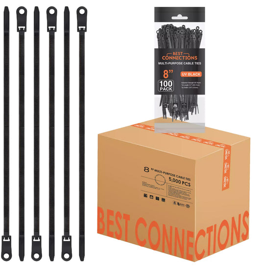 Best Connections 5000 Pieces 8" Screw Down Zip Ties Mounting Hole Nylon 50 Lbs Test Black