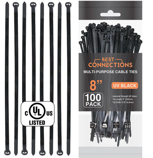 BEST CONNECTIONS Cable Ties with Metal Tooth Stainless Steel Locking Device 8", Zip Ties UV Resistant, Black, Tensile Strength 50 lbs, 100 Pieces