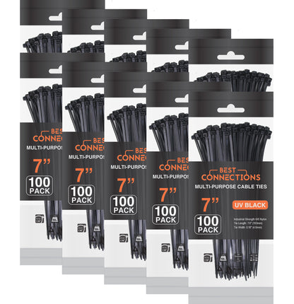 Best Connections 1000 Pcs 7" Inch Black Heavy Duty Tensile Nylon Cable Zip Tie Car House Audio