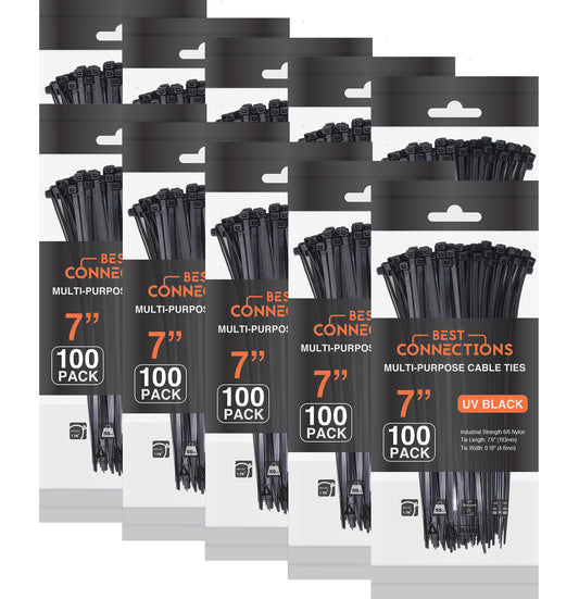 Best Connections 1000 Pcs 7" Inch Black Heavy Duty Tensile Nylon Cable Zip Tie Car House Audio