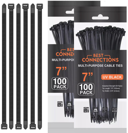 Best Connections 200 Pieces 7" Inch Black Nylon Cable Straps Zip Ties Wire 50 Lbs Test