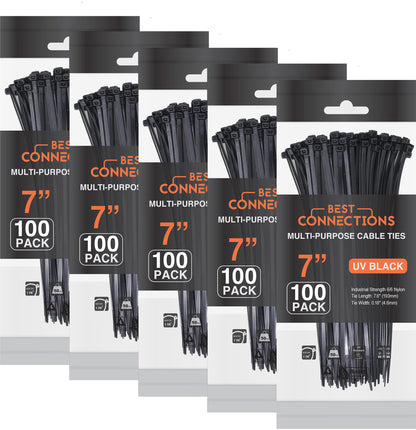 Best Connections 500 Pcs 7" Black Nylon Cable Straps Zip Ties Wire 50 Lbs Tensile Strength
