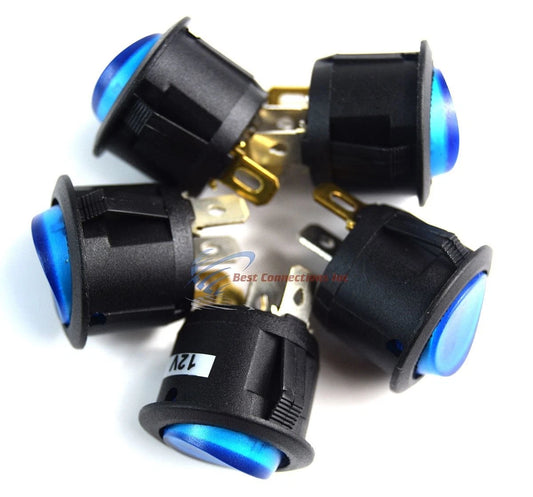Switch  Round 3 Prong BLUE LED Rocker Switch SPST Switch 5 Pack EC-1217