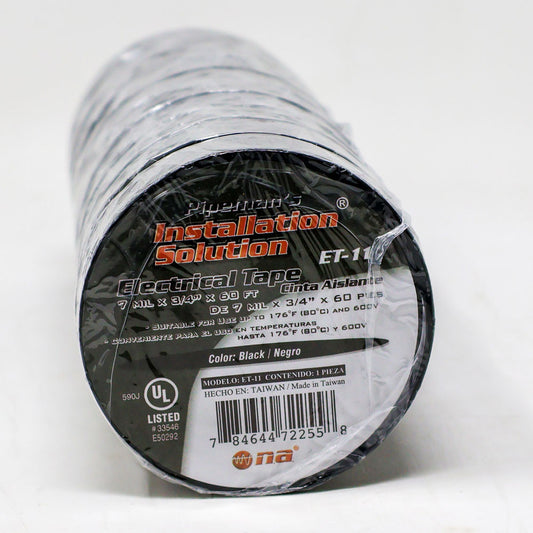 Electrical Tape 3/4" x 60' (Black) UL Listed 10 Rolls High Quality ET-10