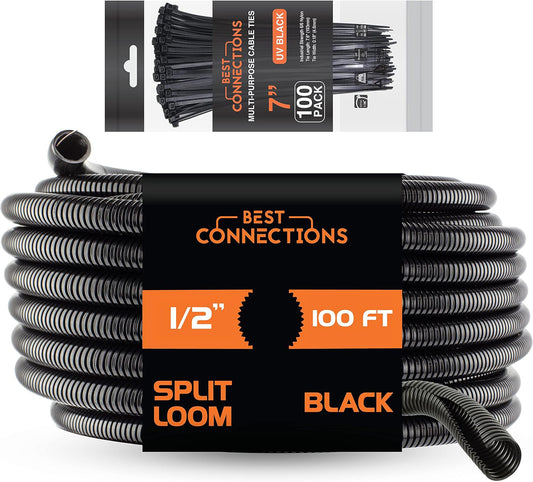 Best Connections 100 Ft 1/2" Split Wire Loom Tubing Combo 100 Pcs 7" Nylon Cable Zip Ties