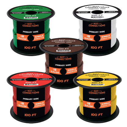 Best Connections 18 Gauge Car Audio Primary Wire (100ft–5 Rolls)– Remote, Power/Ground Electrical