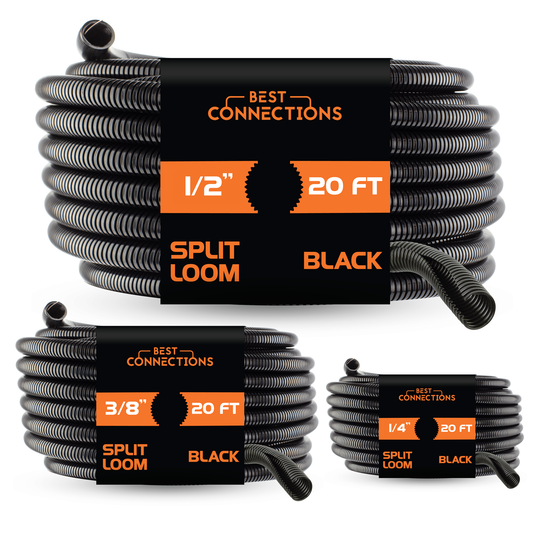 Best Connections Split Loom 1/4" 3/8" 1/2" Black 20 Ft Wire Harness Wrap Cover Sleeve Conduit