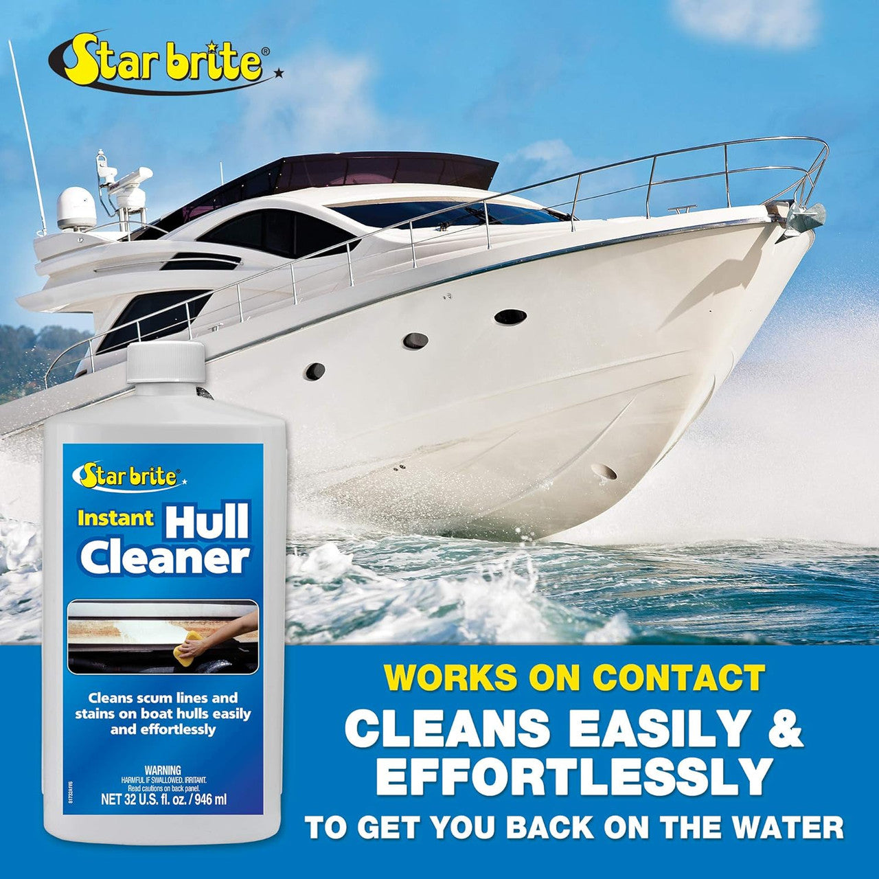 StarBrite Instant Hull Cleaner - Easily Remove Stains, Scum Lines & Grime for Boat Hulls, Fiberglass, Plastic & Painted Surfaces - Wipe On, Rinse Off Formula 32 Oz - 2 Pack