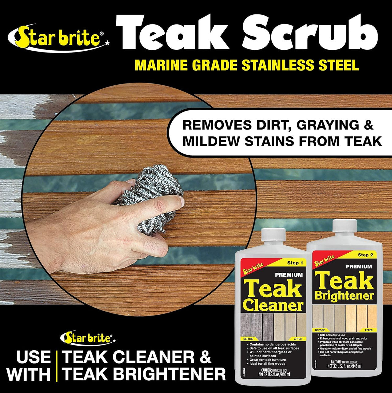 StarBrite Marine Grade Stainless Steel Teak Scrub - Durable, Rust-Resistant Wood & Metal Cleaner Tool for Boat Decks, Furniture, and More - 100% Stainless Steel - 2 Pack