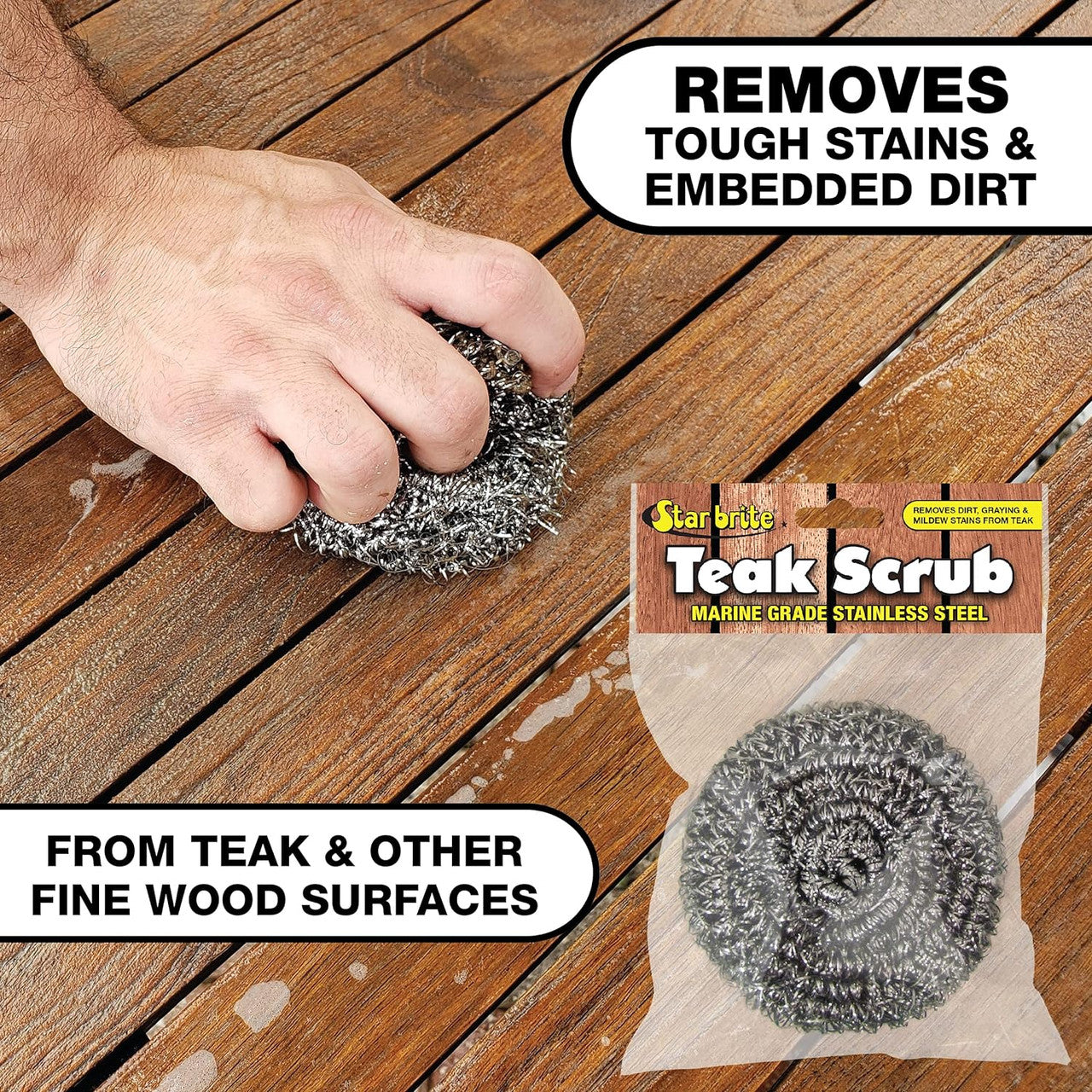 StarBrite Marine Grade Stainless Steel Teak Scrub - Durable, Rust-Resistant Wood & Metal Cleaner Tool for Boat Decks, Furniture, and More - 100% Stainless Steel - 2 Pack
