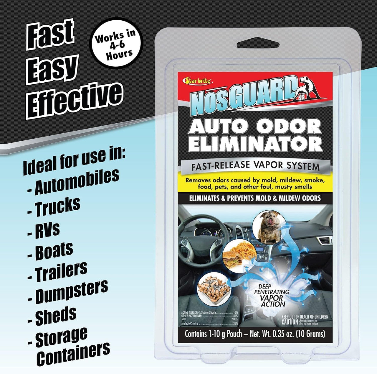 StarBrite NosGUARD SG Auto Odor Eliminator - Quick-Action Vapor System, Eliminates Damp, Musty Smells, Smoke & Pet Odors in Cars within 4-6 Hours - Case of 6