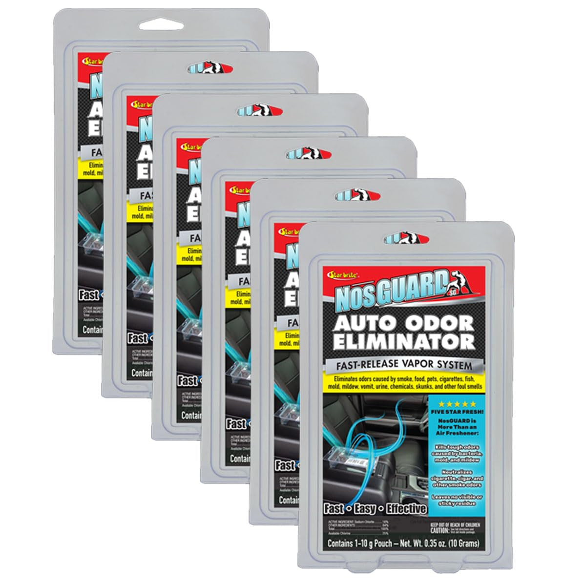 StarBrite NosGUARD SG Auto Odor Eliminator - Quick-Action Vapor System, Eliminates Damp, Musty Smells, Smoke & Pet Odors in Cars within 4-6 Hours - Case of 6