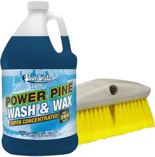 StarBrite Power Pine Wash & Wax with Soft Brush Head Combo- Concentrated Marine Grade Formula for Boats, Cars & More - Clean, Shine, UV Protect & Shed Stains in One Step - 1 Gallon
