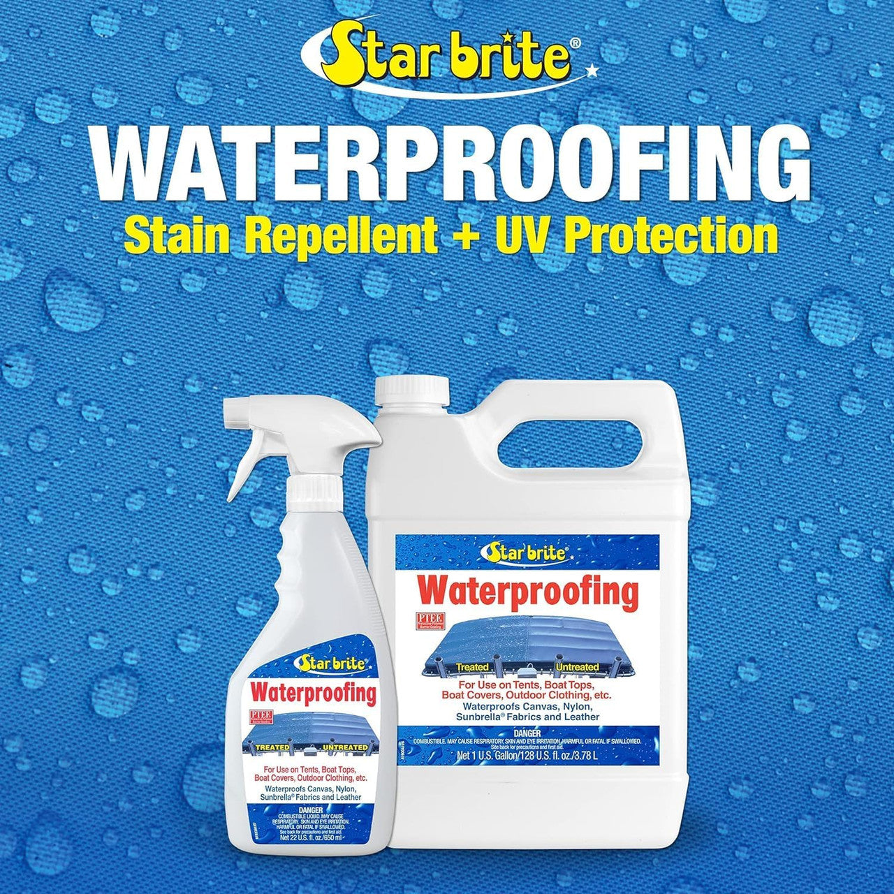 StarBrite Waterproofing 1 Gallon + Spray Bottle 22oz, Waterproofer, Stain Repellent, UV Protection for Boat Covers, Car Covers, Bimini Tops, Tents, Jackets, Backpacks, Boots, Awnings, & More