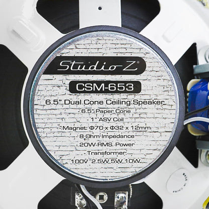 Studio Z 6.5" Dual Cone Ceiling Speaker White Grill for Background Music, Paging CSM-653